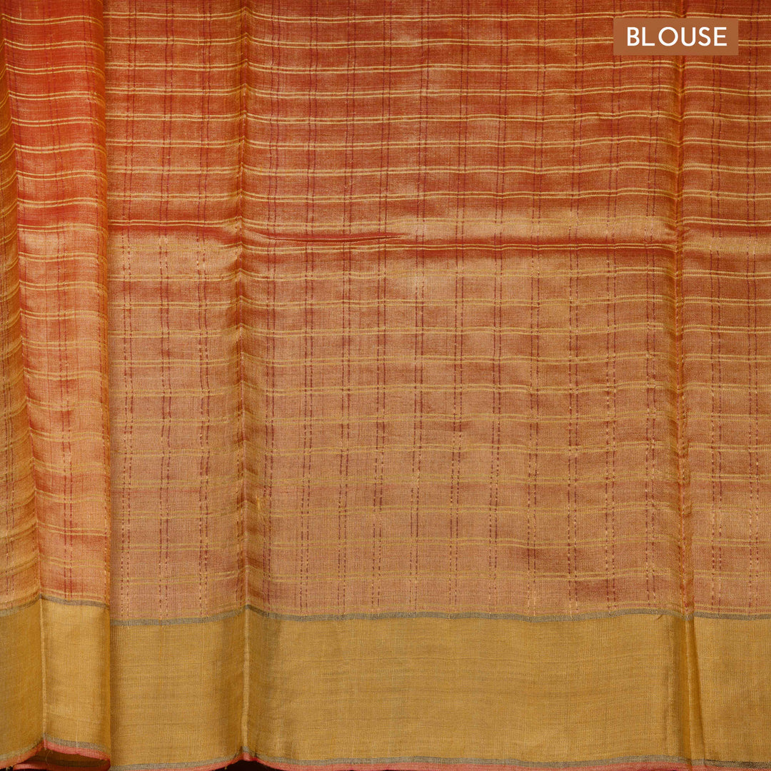 Orange tussar silk Paithani saree with gold zari checks, Paithani border and multicolor jamdani floral pallu with matching blouse