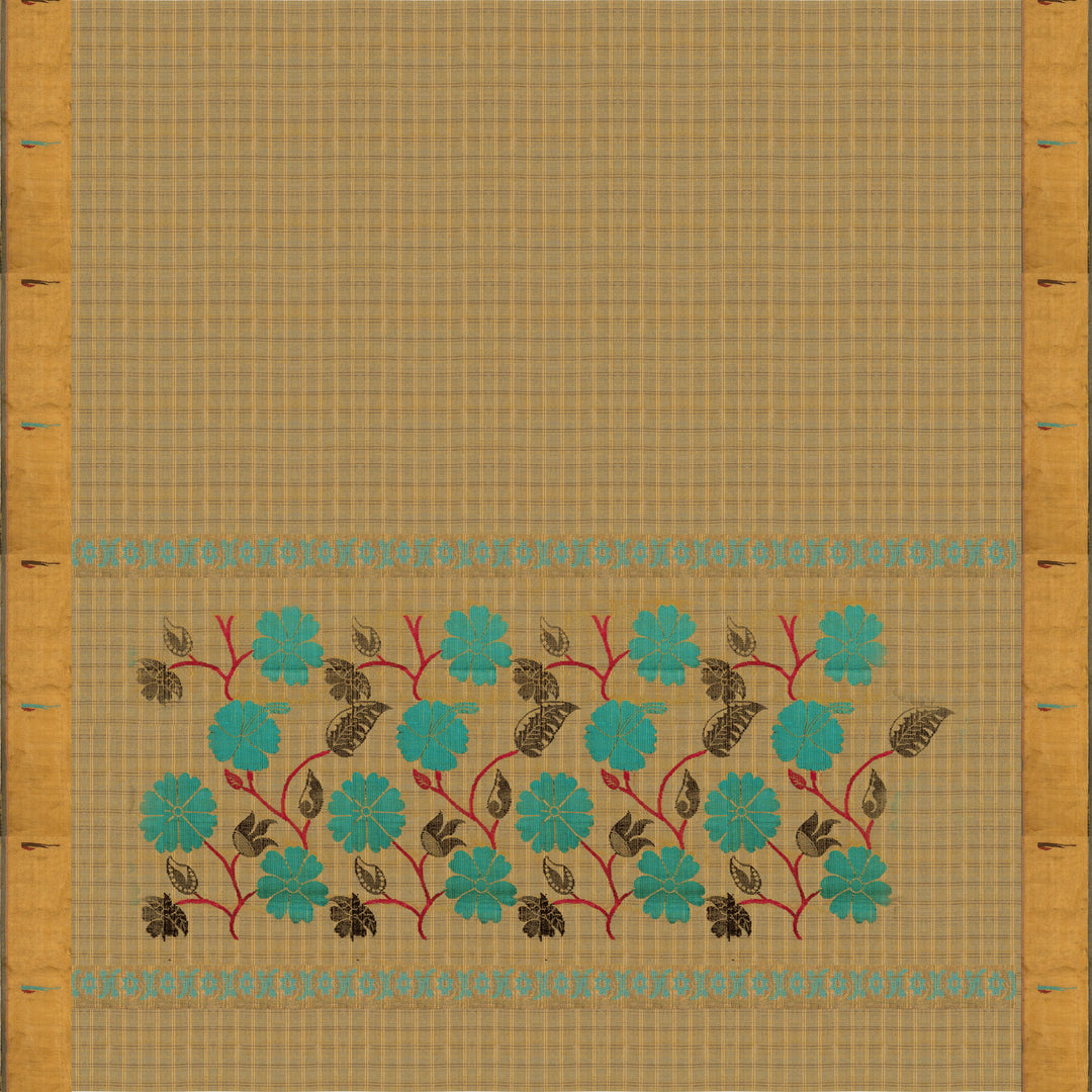 Mustard tussar silk Paithani saree with gold zari checks, Paithani border and multicolor jamdani floral pallu with matching blouse