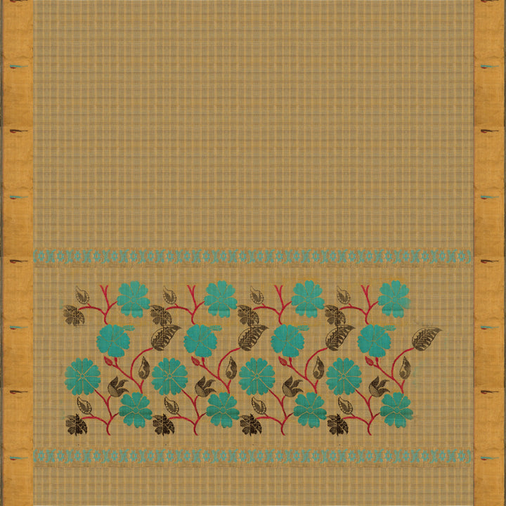 Mustard tussar silk Paithani saree with gold zari checks, Paithani border and multicolor jamdani floral pallu with matching blouse