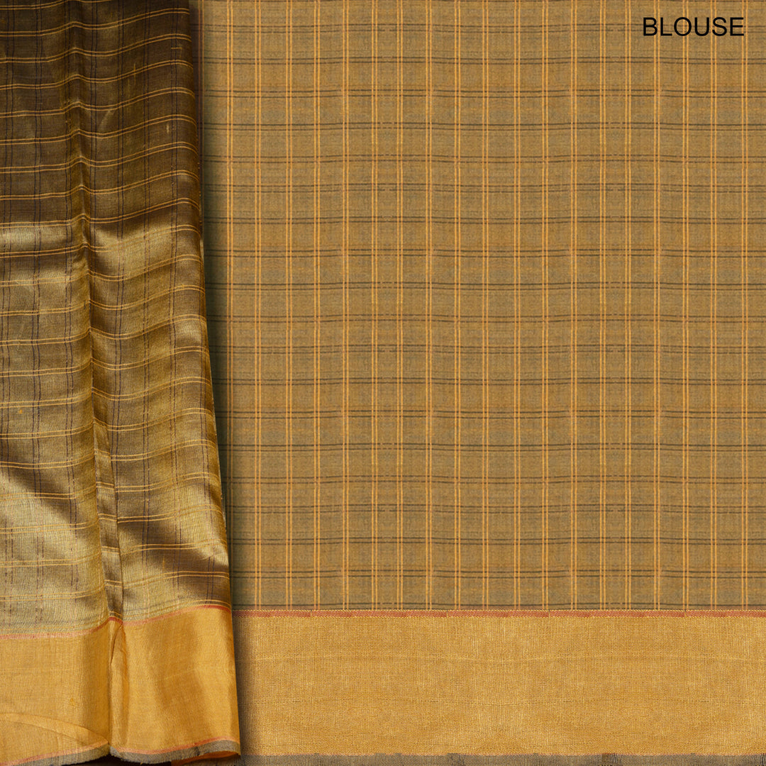 Mustard tussar silk Paithani saree with gold zari checks, Paithani border and multicolor jamdani floral pallu with matching blouse