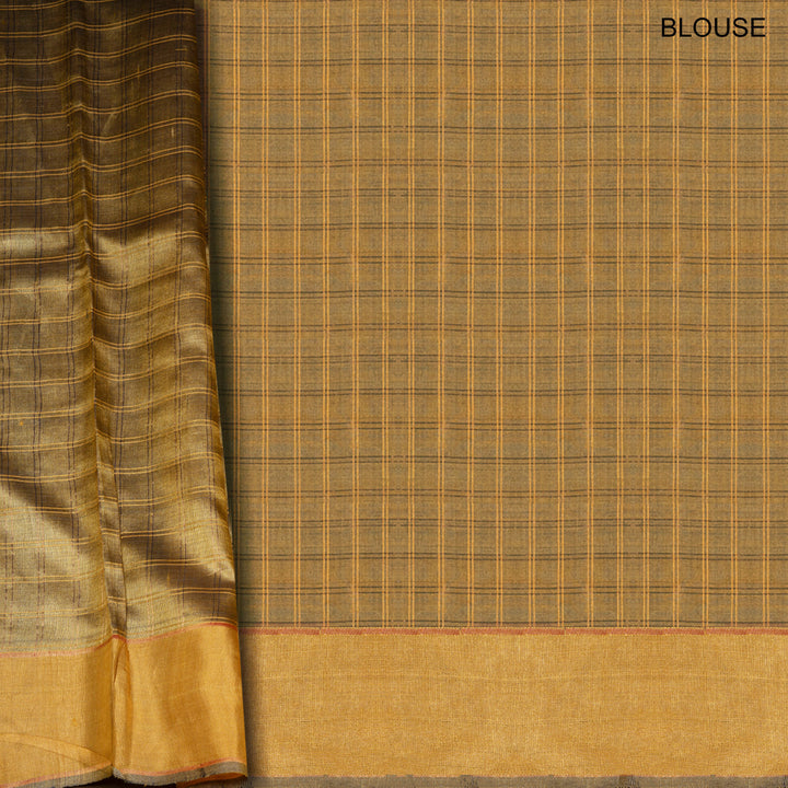 Mustard tussar silk Paithani saree with gold zari checks, Paithani border and multicolor jamdani floral pallu with matching blouse