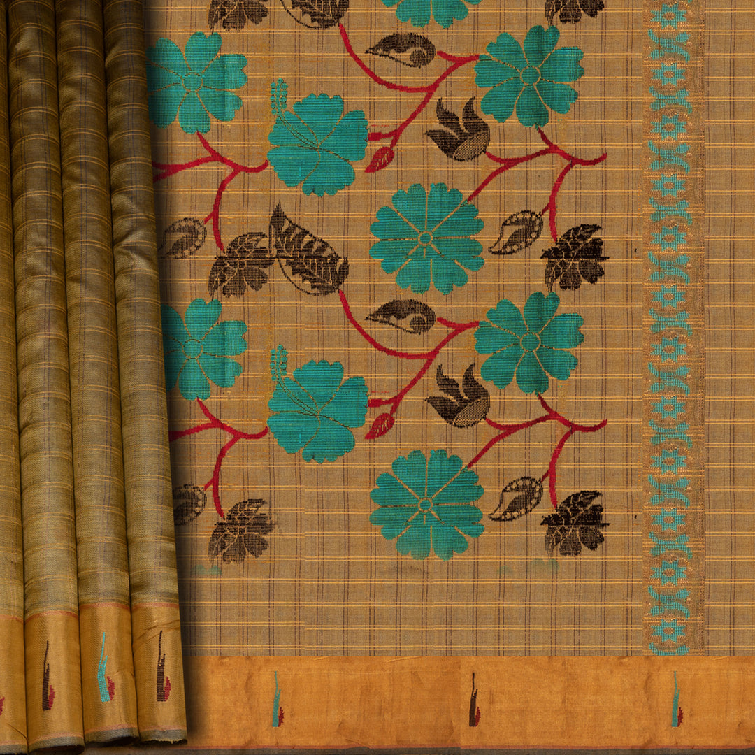 Mustard tussar silk Paithani saree with gold zari checks, Paithani border and multicolor jamdani floral pallu with matching blouse