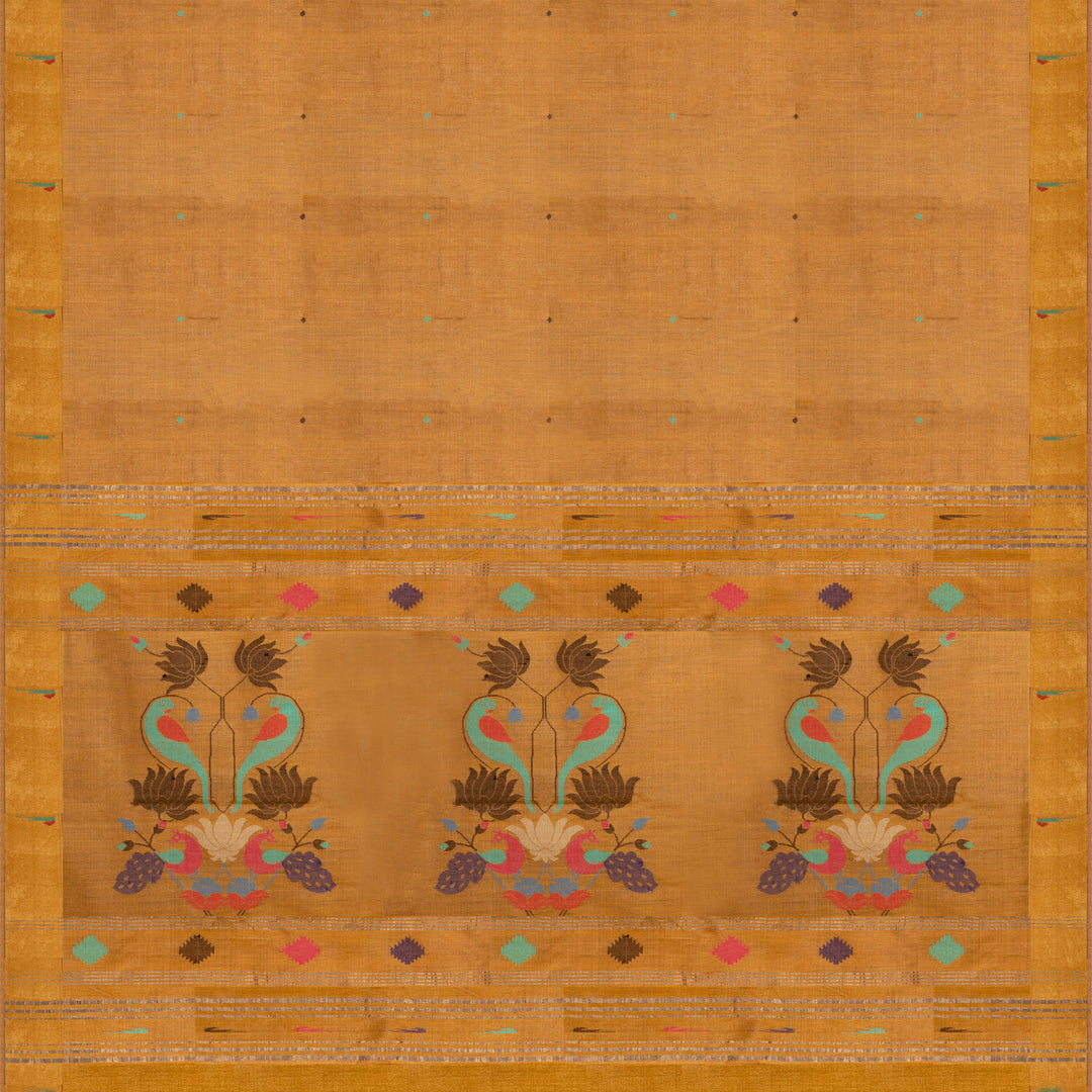 Mustard tussar silk Paithani saree with dotted body, gold zari border and multicolor bird jamdani pallu with matching blouse