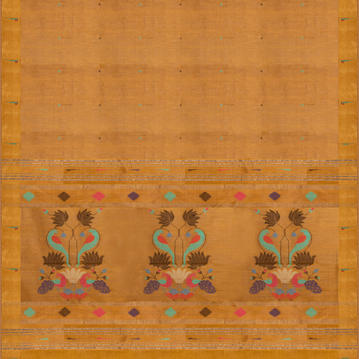 Mustard tussar silk Paithani saree with dotted body, gold zari border and multicolor bird jamdani pallu with matching blouse