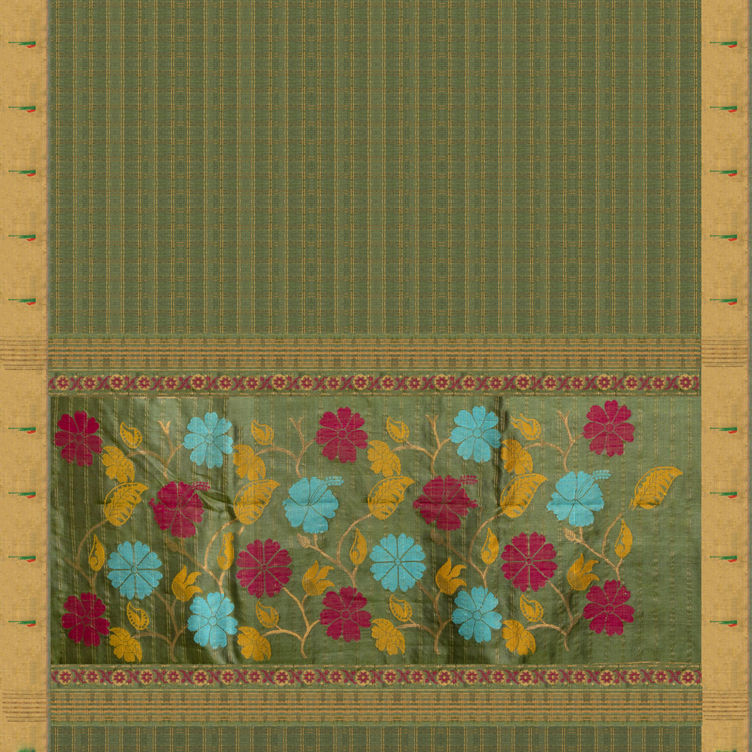 Green tussar silk Paithani saree with gold zari checks, Paithani border and multicolor jamdani floral pallu with matching blouse