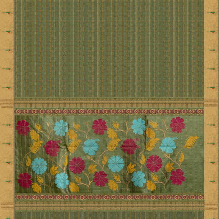 Green tussar silk Paithani saree with gold zari checks, Paithani border and multicolor jamdani floral pallu with matching blouse