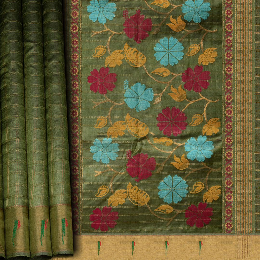 Green tussar silk Paithani saree with gold zari checks, Paithani border and multicolor jamdani floral pallu with matching blouse