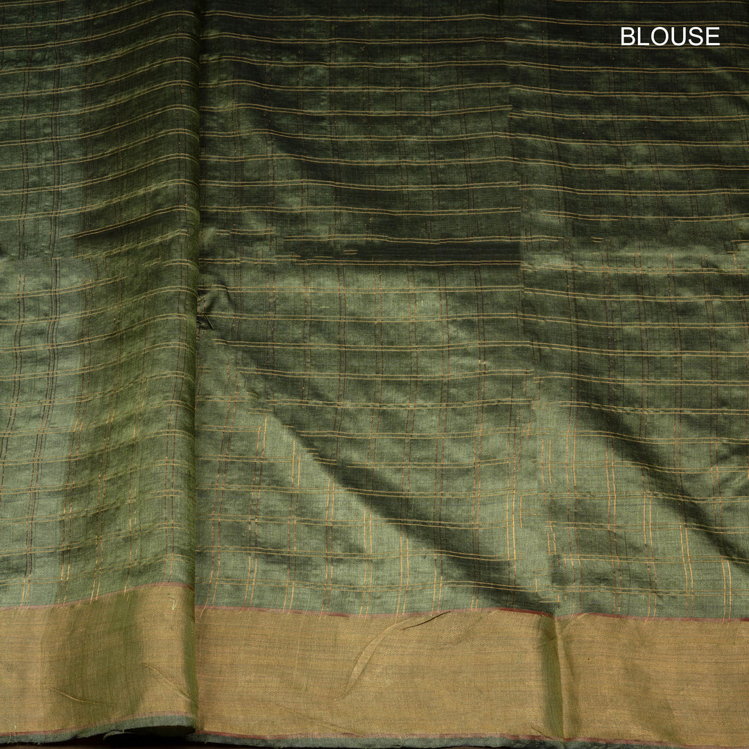 Green tussar silk Paithani saree with gold zari checks, Paithani border and multicolor jamdani floral pallu with matching blouse