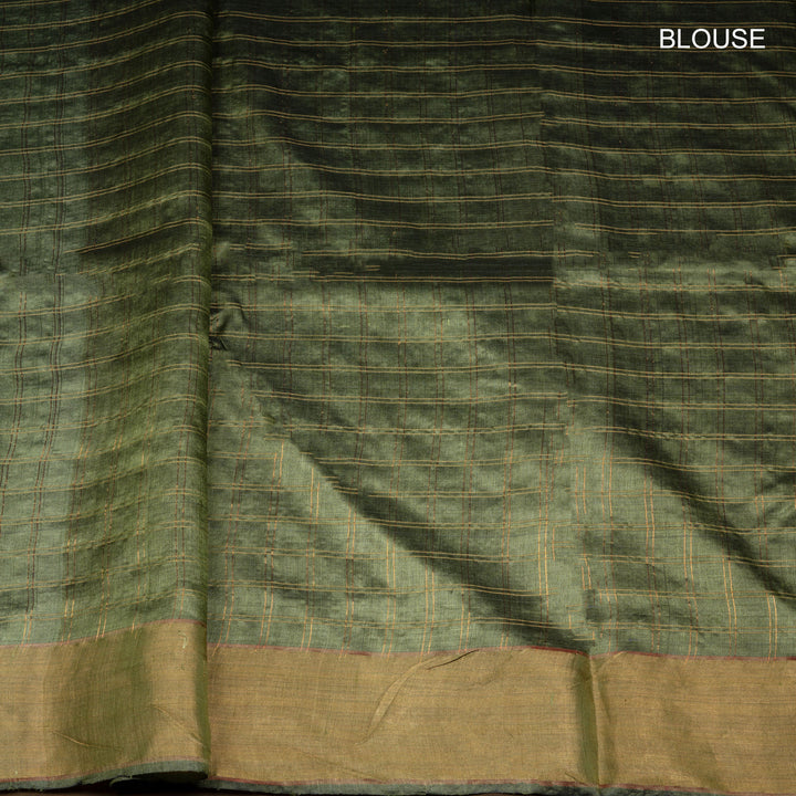 Green tussar silk Paithani saree with gold zari checks, Paithani border and multicolor jamdani floral pallu with matching blouse