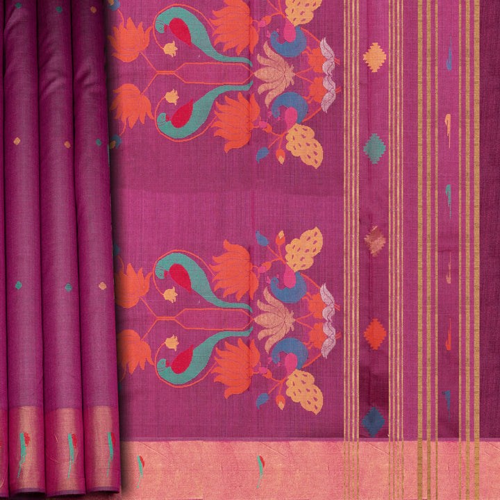 Pink tussar silk Paithani saree with dotted body, gold zari border and multicolor bird jamdani pallu with matching blouse