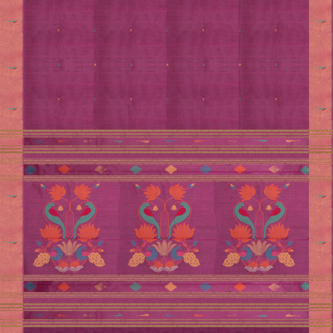 Pink tussar silk Paithani saree with dotted body, gold zari border and multicolor bird jamdani pallu with matching blouse