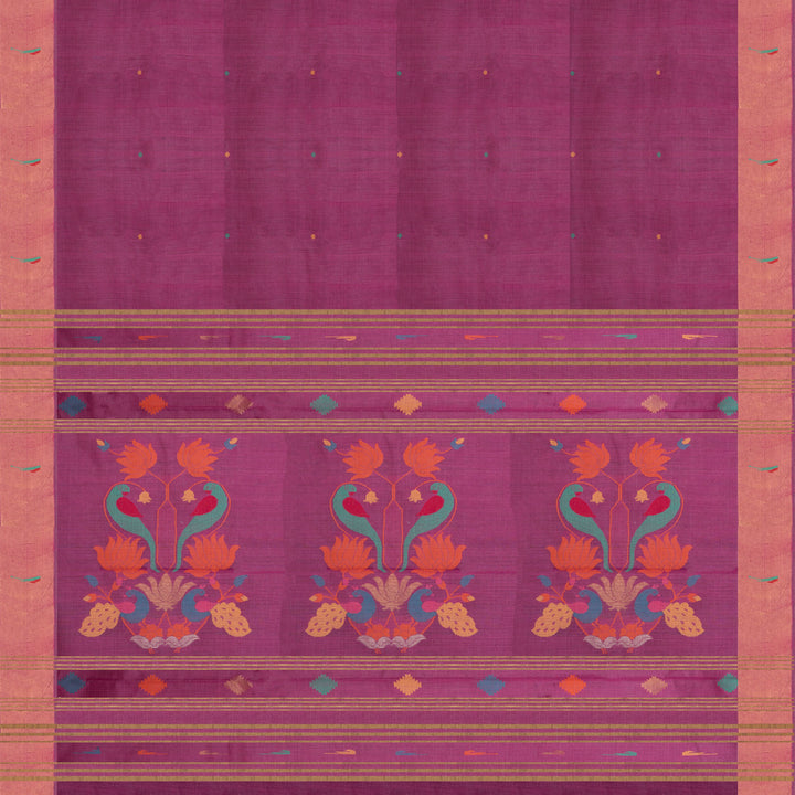 Pink tussar silk Paithani saree with dotted body, gold zari border and multicolor bird jamdani pallu with matching blouse