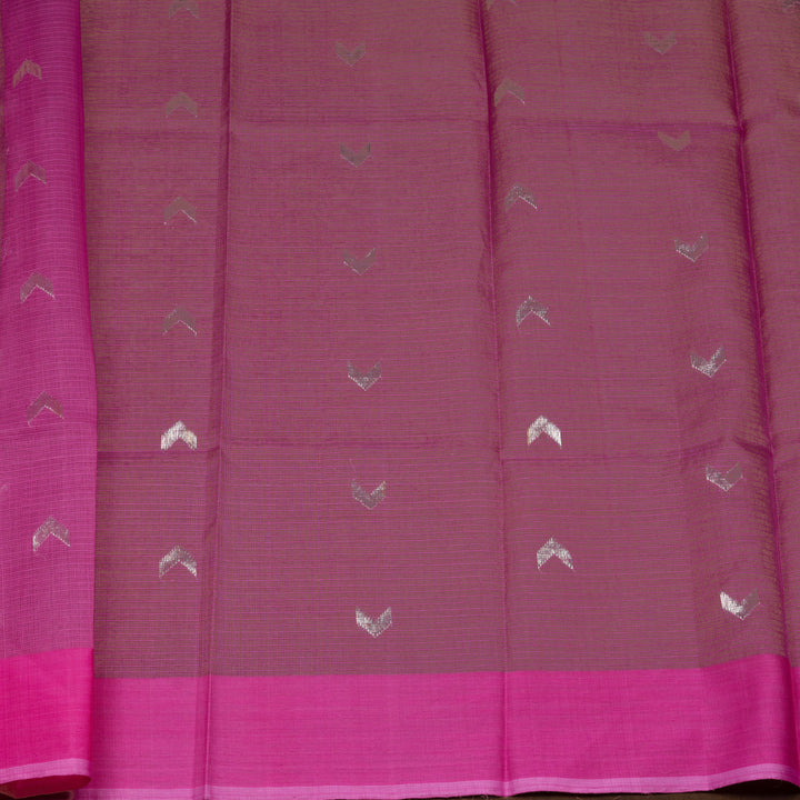 Light green Kota doria silk saree with silver zari floral motifs, silk thread flowers, diamond pallu and pink border with matching blouse