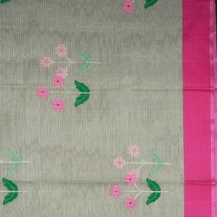Light green Kota doria silk saree with silver zari floral motifs, silk thread flowers, diamond pallu and pink border with matching blouse