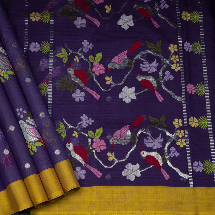 Violet Kota doria silk saree with silver zari bird motifs, silk thread birds, monotone pallu and yellow border with matching blouse
