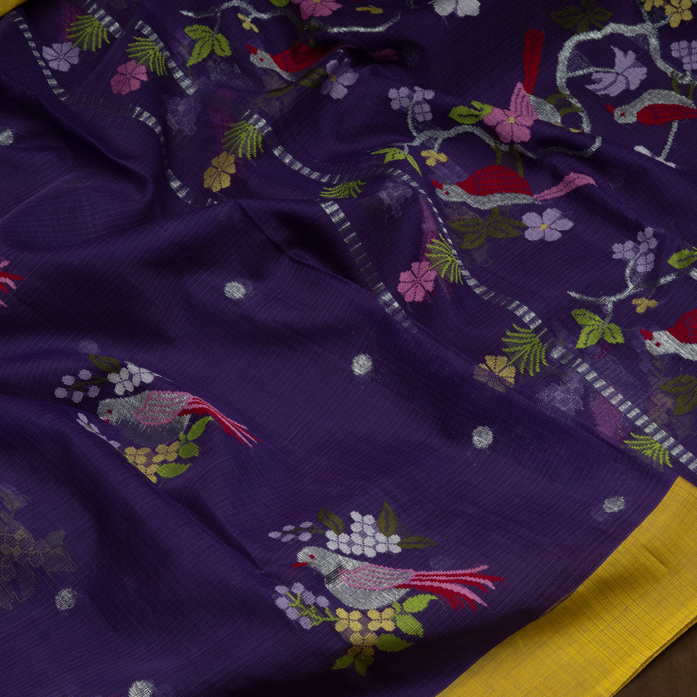 Violet Kota doria silk saree with silver zari bird motifs, silk thread birds, monotone pallu and yellow border with matching blouse