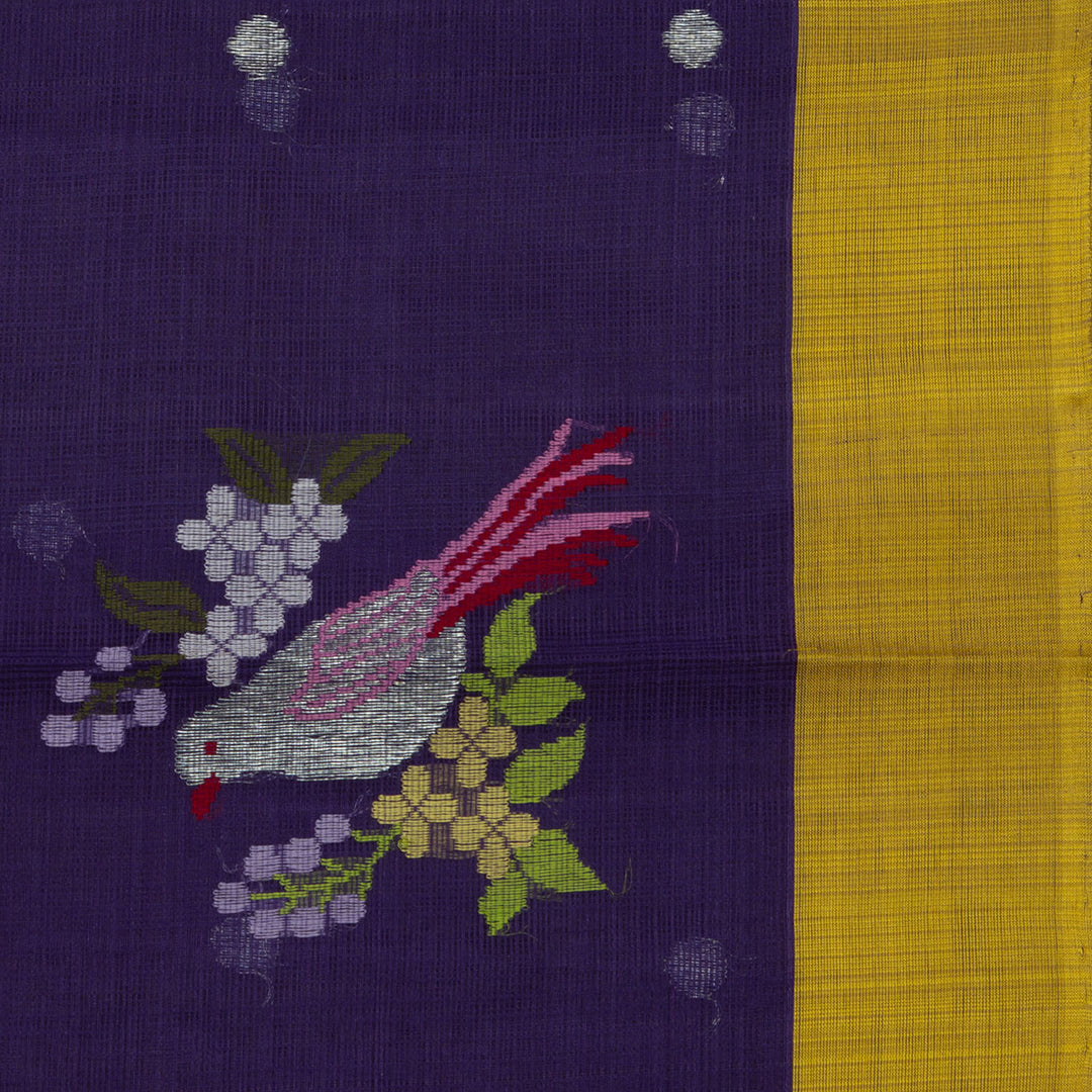 Violet Kota doria silk saree with silver zari bird motifs, silk thread birds, monotone pallu and yellow border with matching blouse