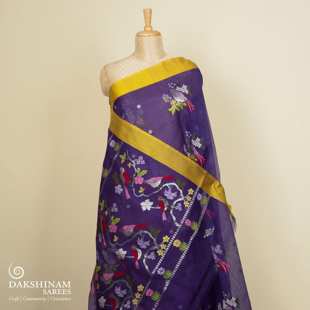 Violet Kota doria silk saree with silver zari bird motifs, silk thread birds, monotone pallu and yellow border with matching blouse