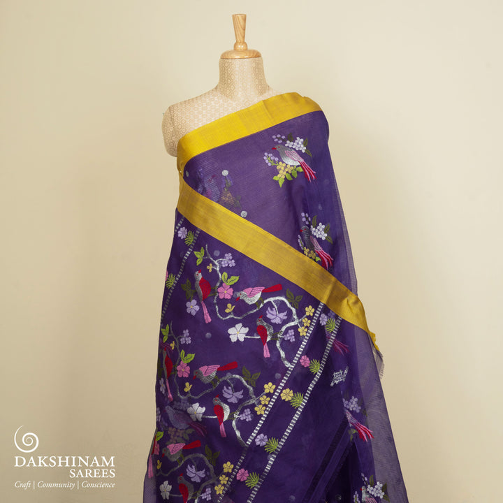 Violet Kota doria silk saree with silver zari bird motifs, silk thread birds, monotone pallu and yellow border with matching blouse
