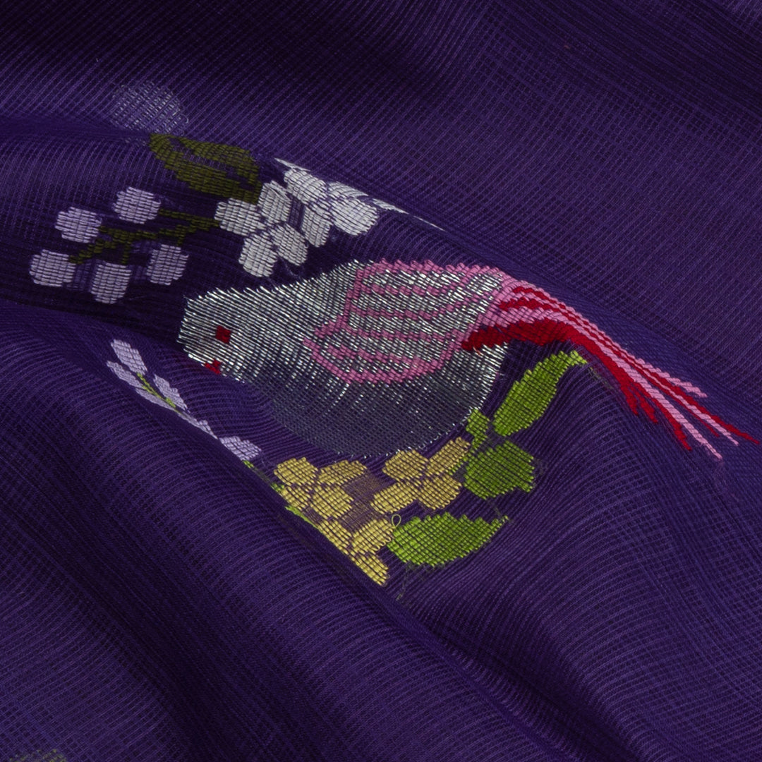 Violet Kota doria silk saree with silver zari bird motifs, silk thread birds, monotone pallu and yellow border with matching blouse