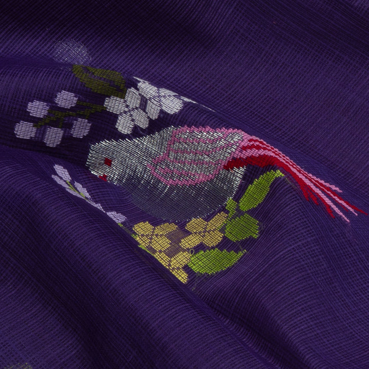 Violet Kota doria silk saree with silver zari bird motifs, silk thread birds, monotone pallu and yellow border with matching blouse