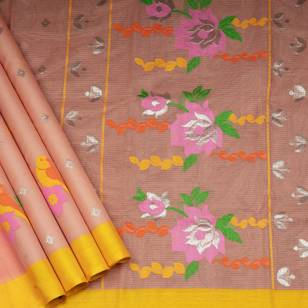 Peach Kota doria silk saree with silver zari plus butta, silk thread floral pallu and yellow border with matching blouse