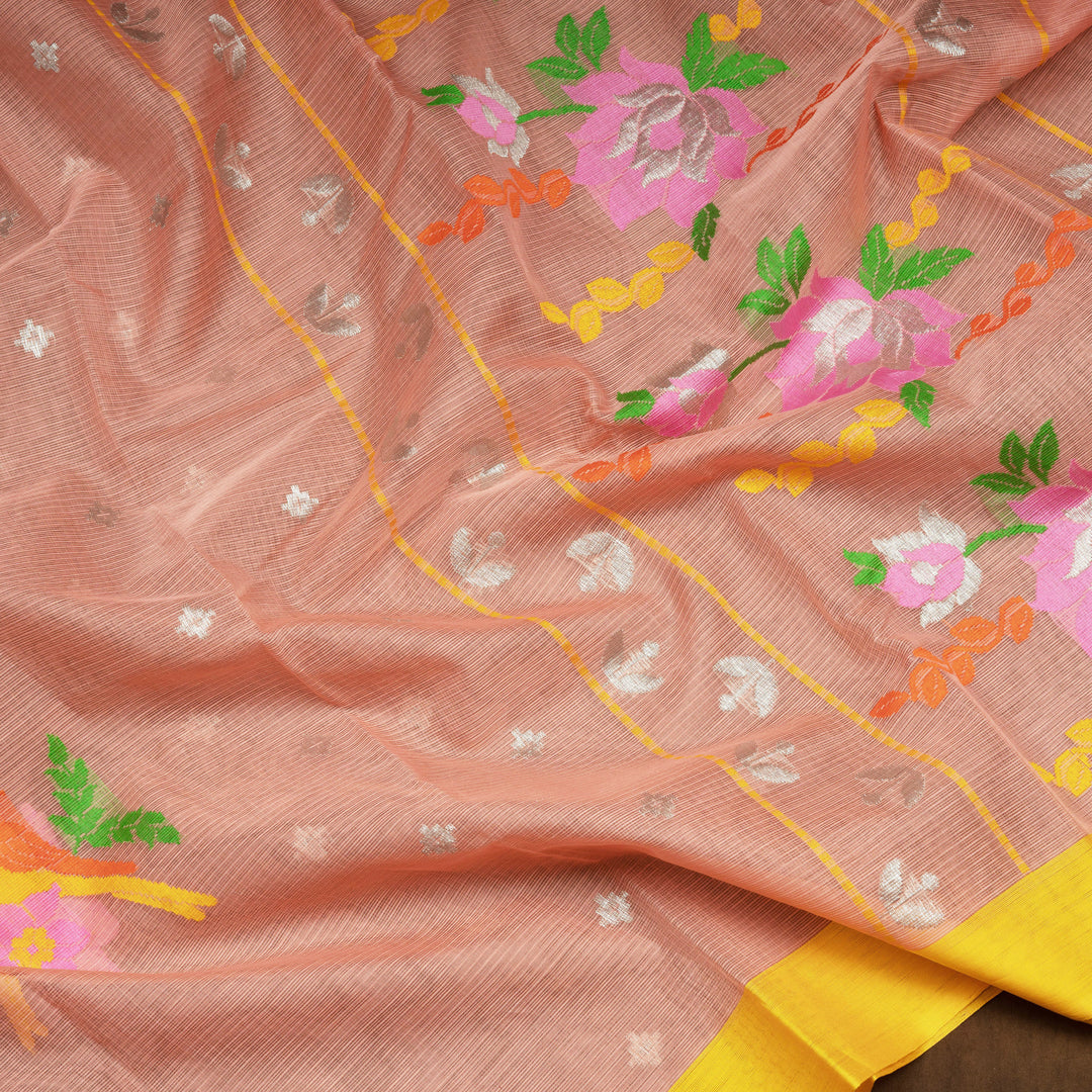 Peach Kota doria silk saree with silver zari plus butta, silk thread floral pallu and yellow border with matching blouse