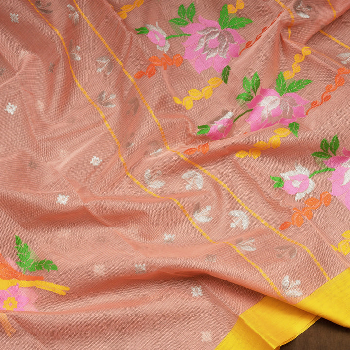 Peach Kota doria silk saree with silver zari plus butta, silk thread floral pallu and yellow border with matching blouse