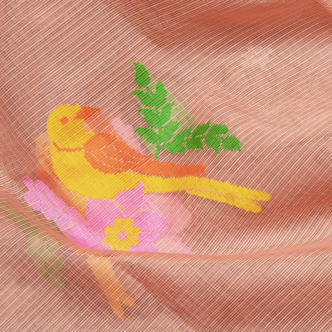 Peach Kota doria silk saree with silver zari plus butta, silk thread floral pallu and yellow border with matching blouse