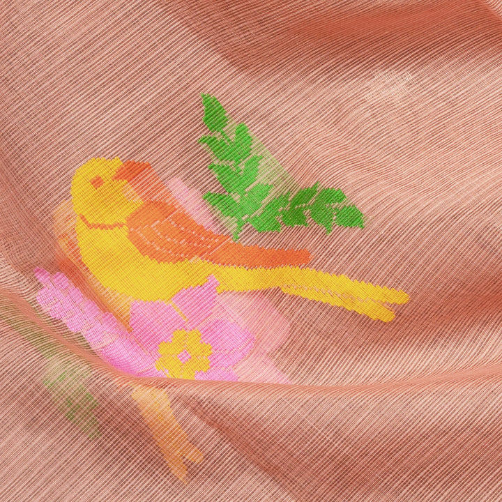 Peach Kota doria silk saree with silver zari plus butta, silk thread floral pallu and yellow border with matching blouse
