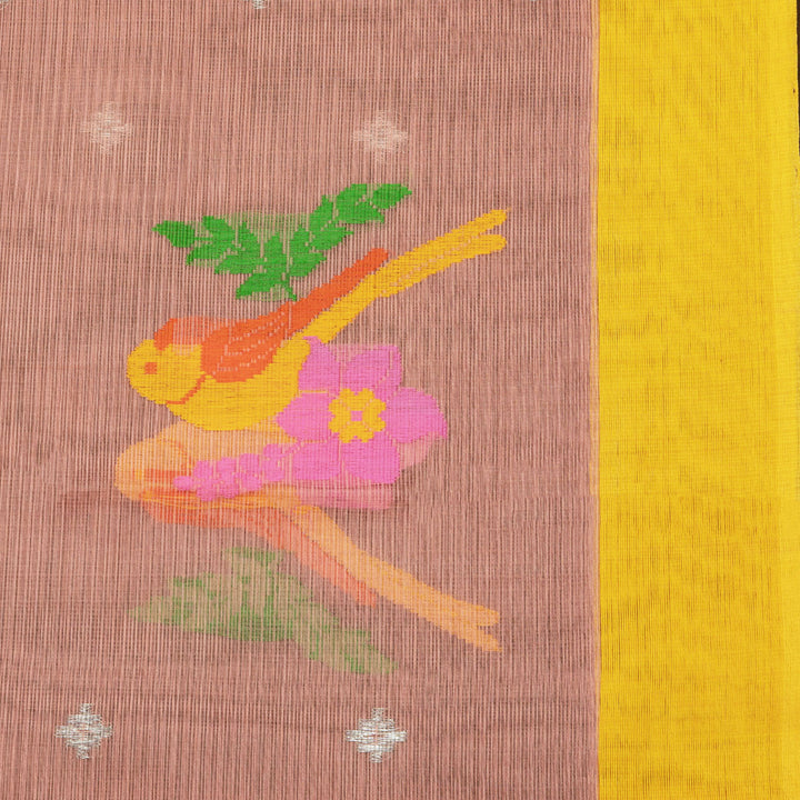 Peach Kota doria silk saree with silver zari plus butta, silk thread floral pallu and yellow border with matching blouse