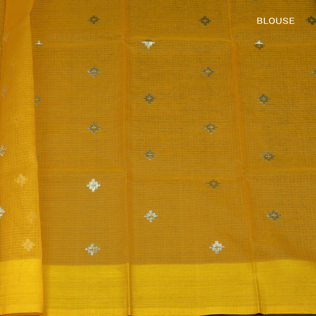 Peach Kota doria silk saree with silver zari plus butta, silk thread floral pallu and yellow border with matching blouse
