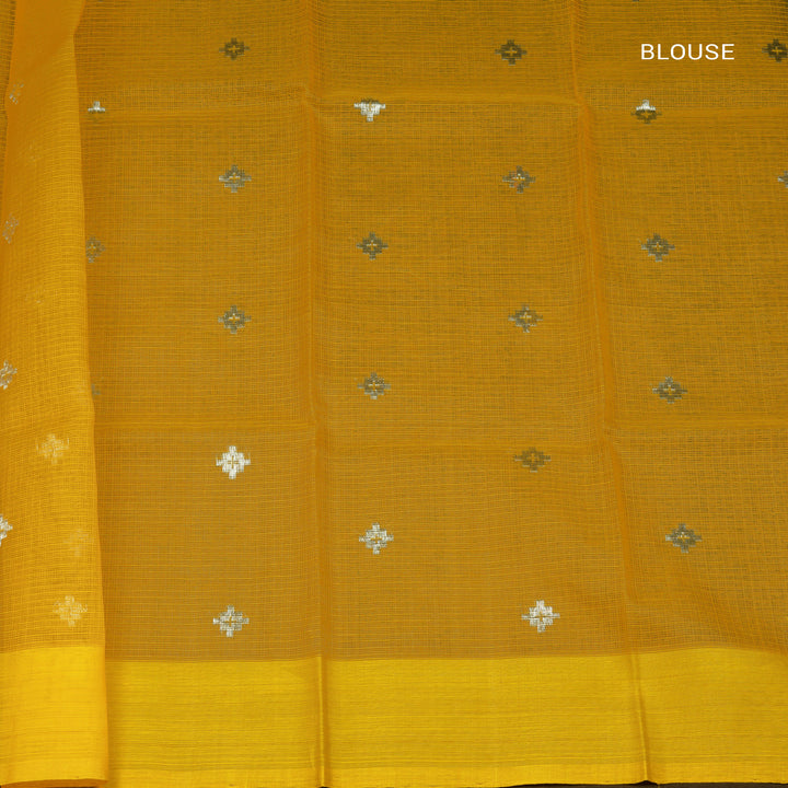 Peach Kota doria silk saree with silver zari plus butta, silk thread floral pallu and yellow border with matching blouse