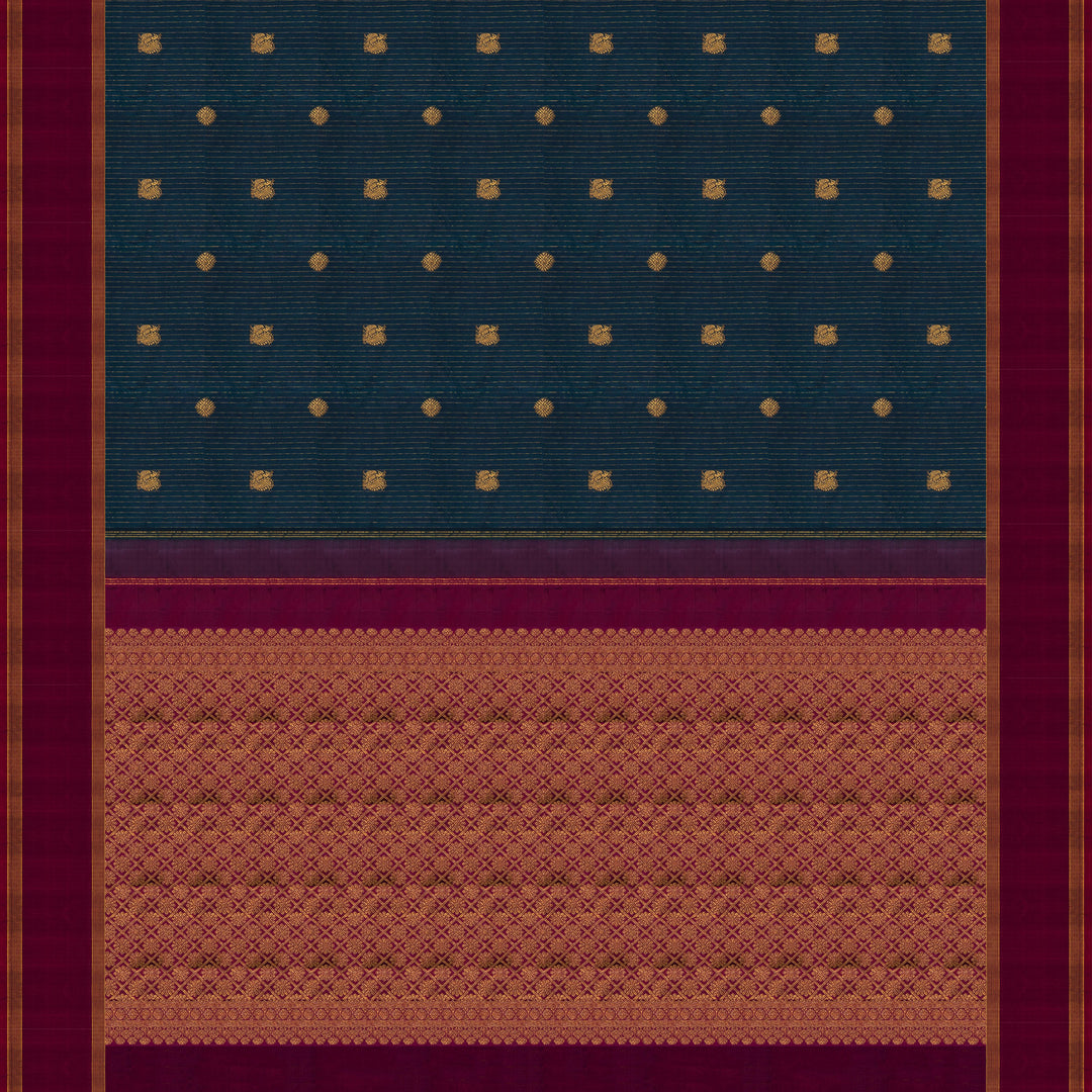 Peacock green Kanjivaram silk saree with gold zari stripes, annam and chakram butta, magenta rettapet border and detailed pallu with matching blouse