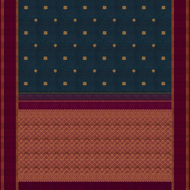 Peacock green Kanjivaram silk saree with gold zari stripes, annam and chakram butta, magenta rettapet border and detailed pallu with matching blouse