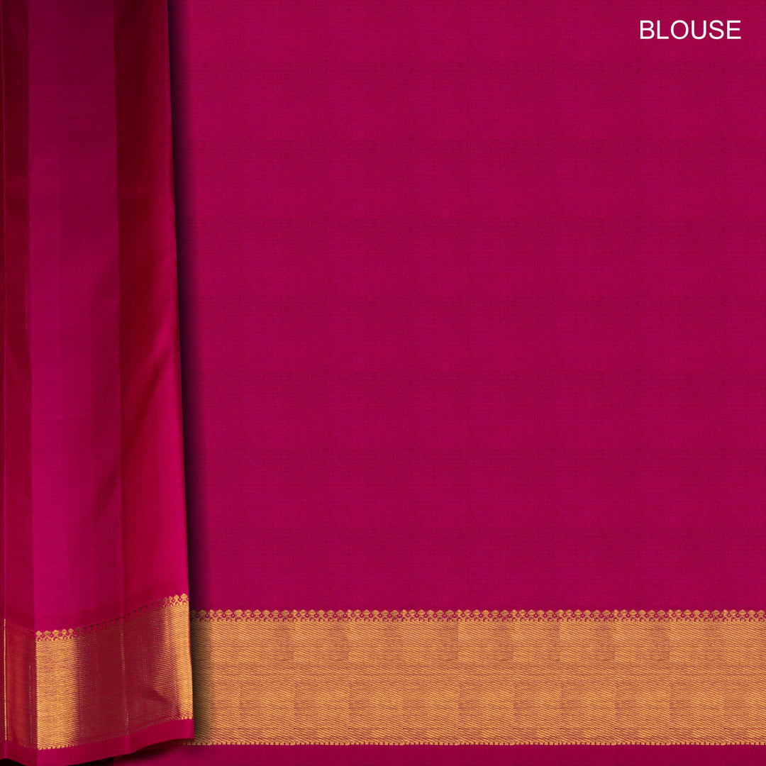 Violet Kanjivaram silk saree with pink small checks, magenta gold zari border and panel zari pallu with matching blouse