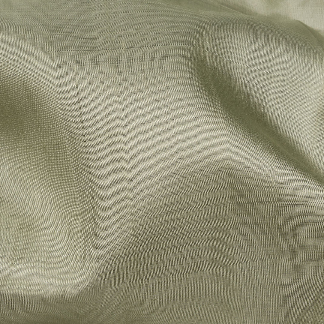 Light green Kanjivaram silk saree with gold zari diagonal chevron lines and striped panel pallu with matching blouse