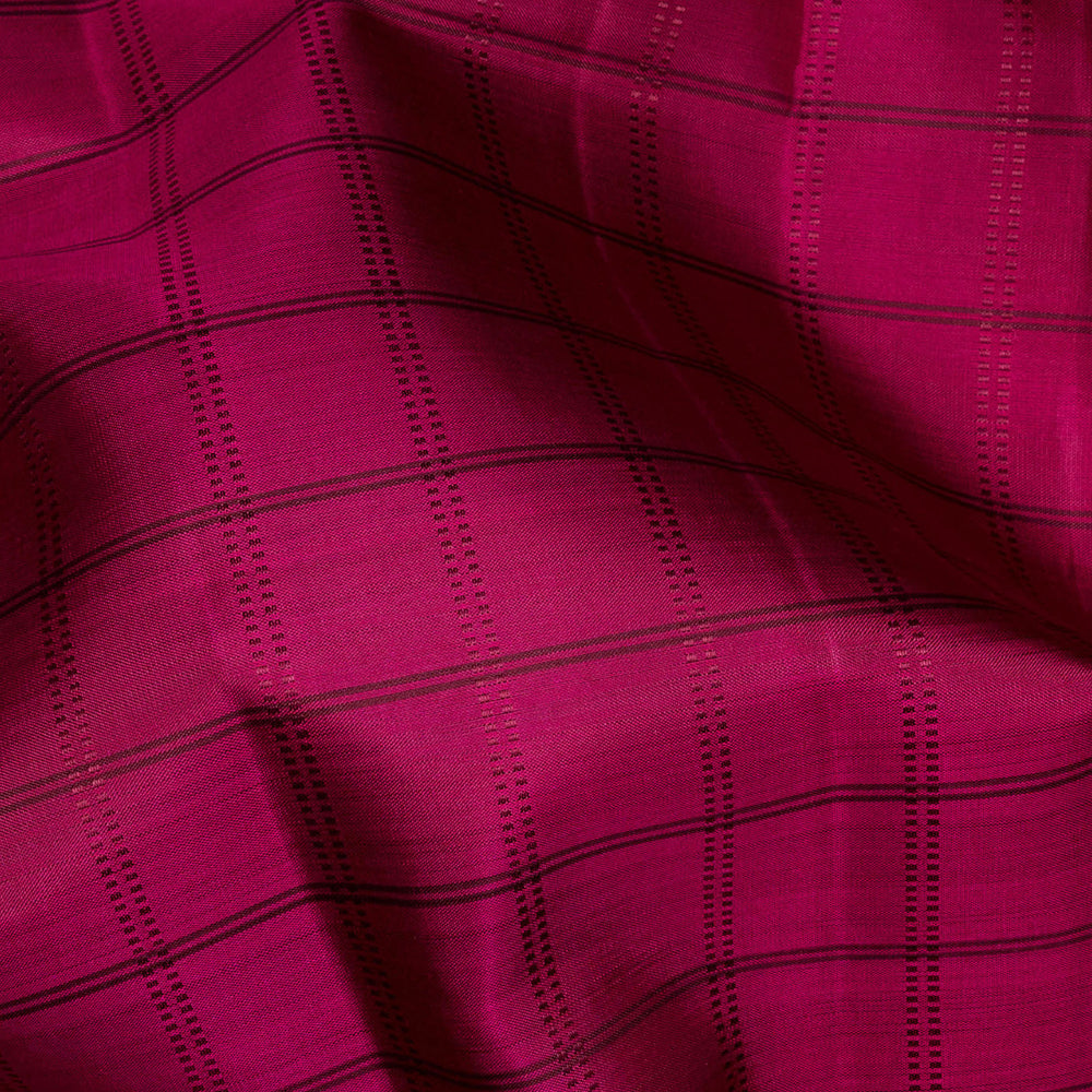 Magenta Kanjivaram silk saree with checks, maroon gold zari rettapet border and striped pallu with matching blouse