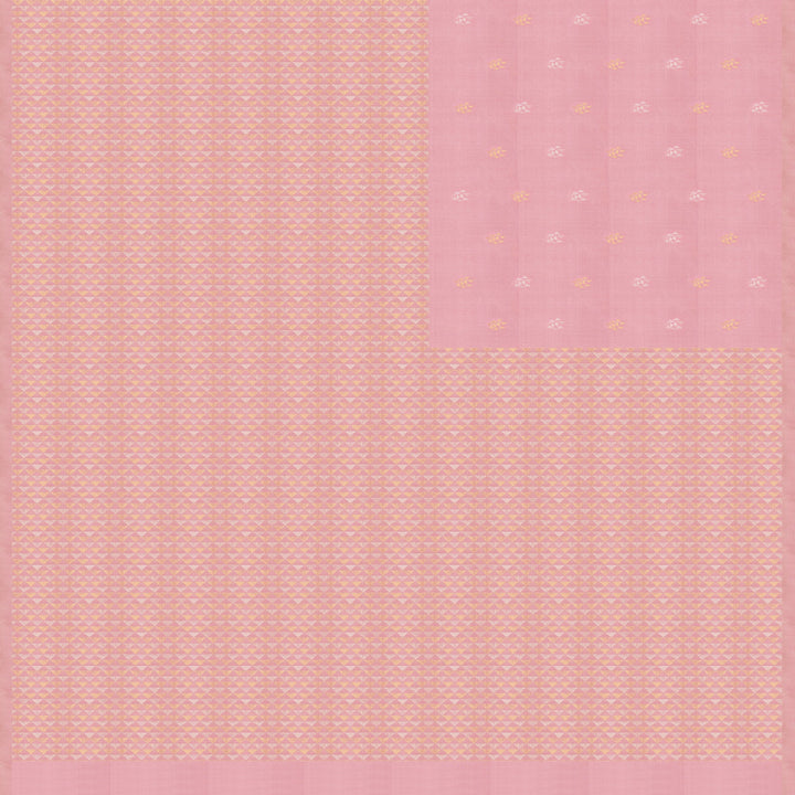 Light pink Kanjivaram silk saree with brocade body, gold and silver zari butta and triangle pallu with matching blouse