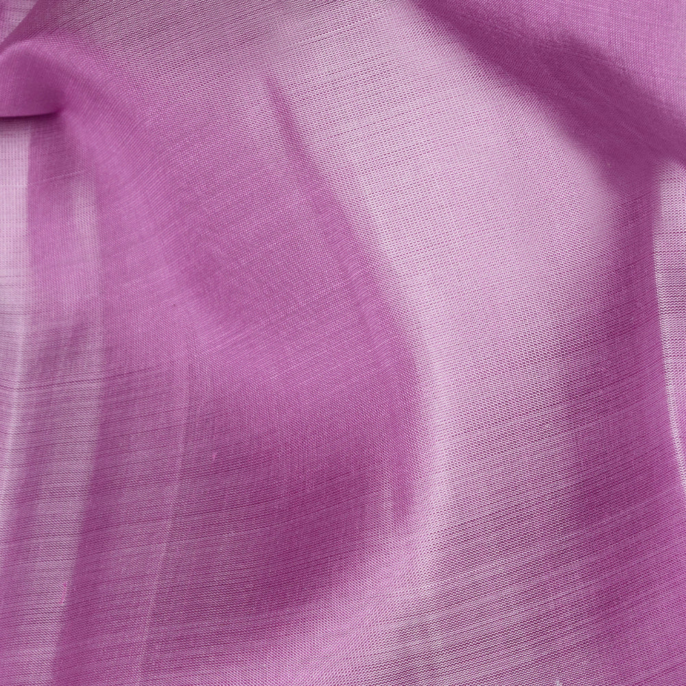Lavender Kanjivaram silk saree with plain body, light pink diagonal mango butta border and gold zari striped pallu with matching blouse
