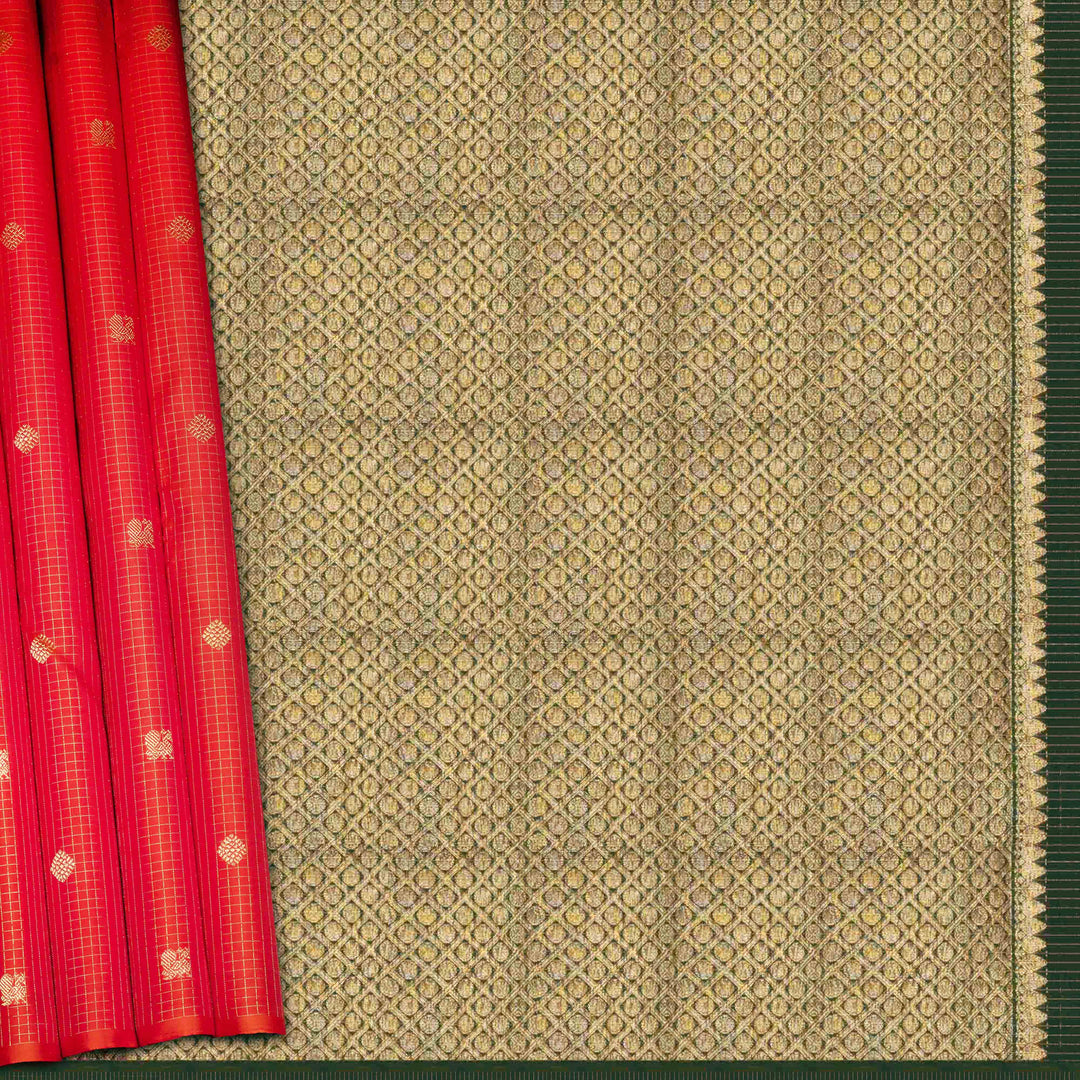 Orange Kanjivaram silk saree with pink-tone vairoosi checks, annam and vaira mookuthi butta, green pallu and matching blouse