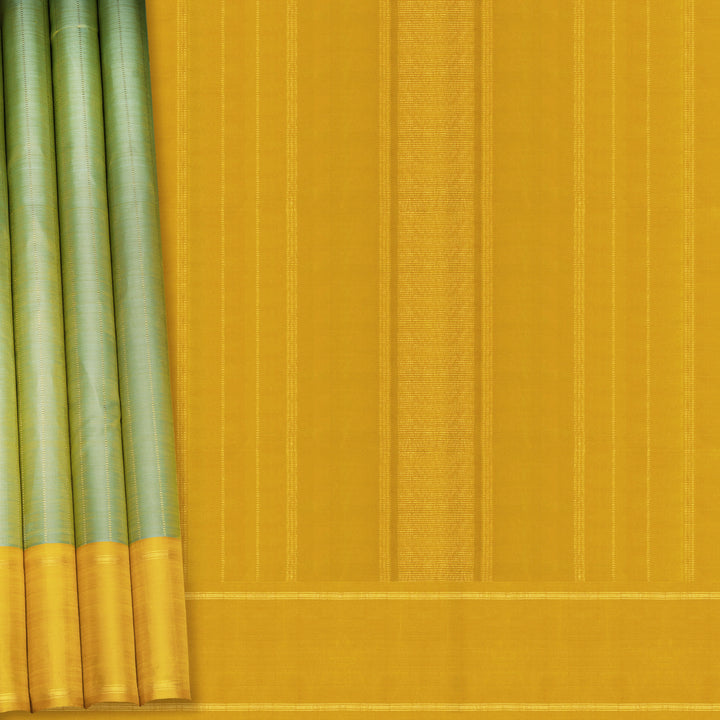 Dual-tone Sea green Kanjivaram silk saree with big checks, yellow rettapet border and gold lined pallu with matching blouse