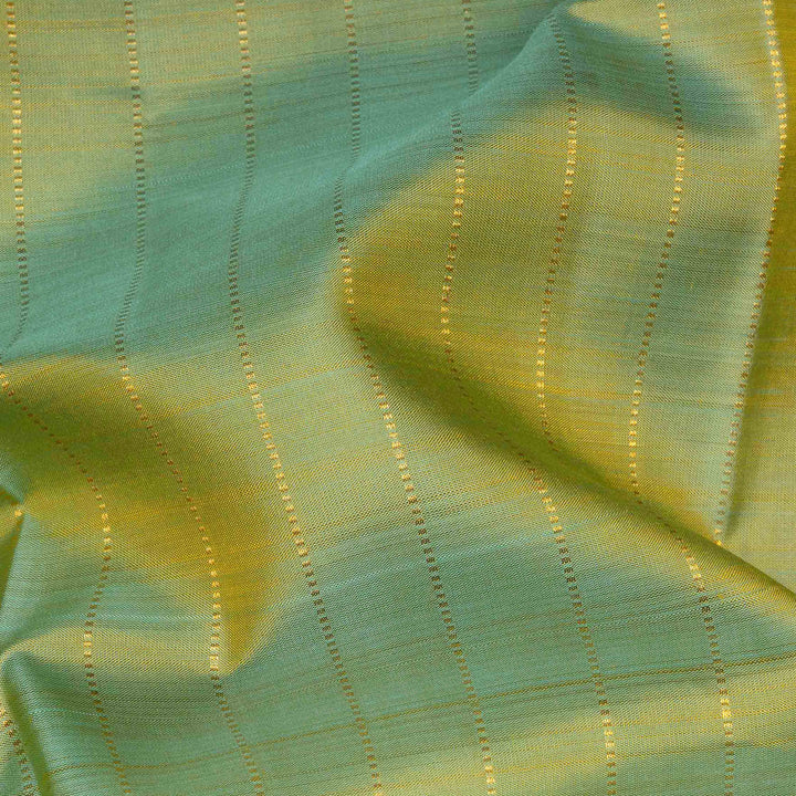 Dual-tone Sea green Kanjivaram silk saree with big checks, yellow rettapet border and gold lined pallu with matching blouse