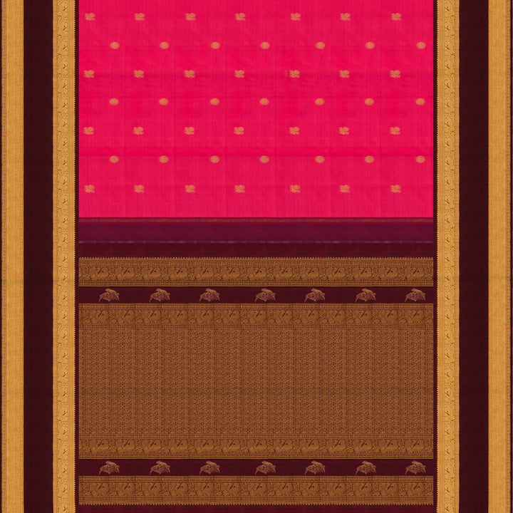 Pink Kanjivaram silk saree with annam and chakram butta, maroon rettapet border and rich traditional pallu with matching blouse
