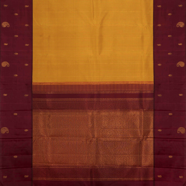 Yellow Kanjivaram silk saree with maroon checks, floral and mango butta border, and panel line pallu with matching blouse