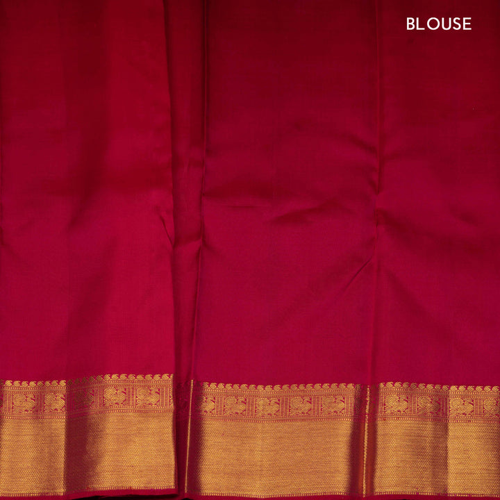 Red Kanjivaram silk saree with chevron, rudraksham, arrow lines, diamond band and annam mango border with matching blouse