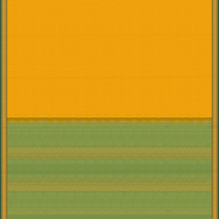 Yellow Kanjivaram silk saree with plain body, aqua blue dual-tone getti border and blue green paneled pallu with matching blouse