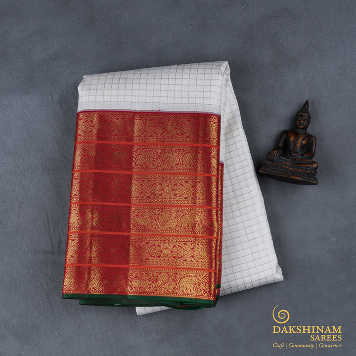 Handwoven White with Red Kanjivaram Silk Saree - 1824T005868DSC