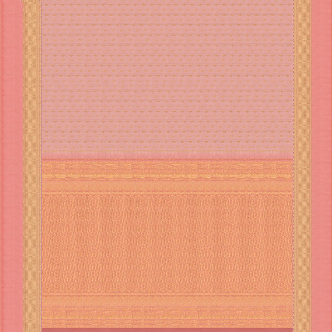 Light peach Kanjivaram silk saree with vairam buttas, peach pink border featuring temple and chevron designs, and detailed zari pallu, paired with plain blouse.