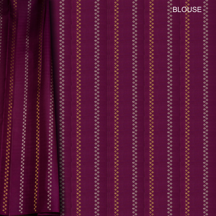 Beige and yellow small checked Kanjivaram silk saree with purple pallu featuring floral motifs, chevron and chakram designs, paired with dotted butta blouse.